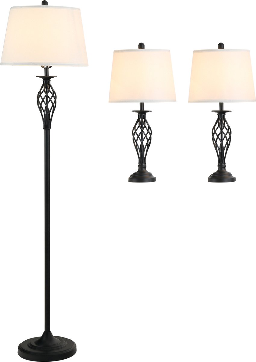 Driedelige Set Van 1 Staande Lamp En 2 Tafellampen - Vloerlamp - Stalamp - Tafellamp - Vintage - Klassiek -/wit - Zwart