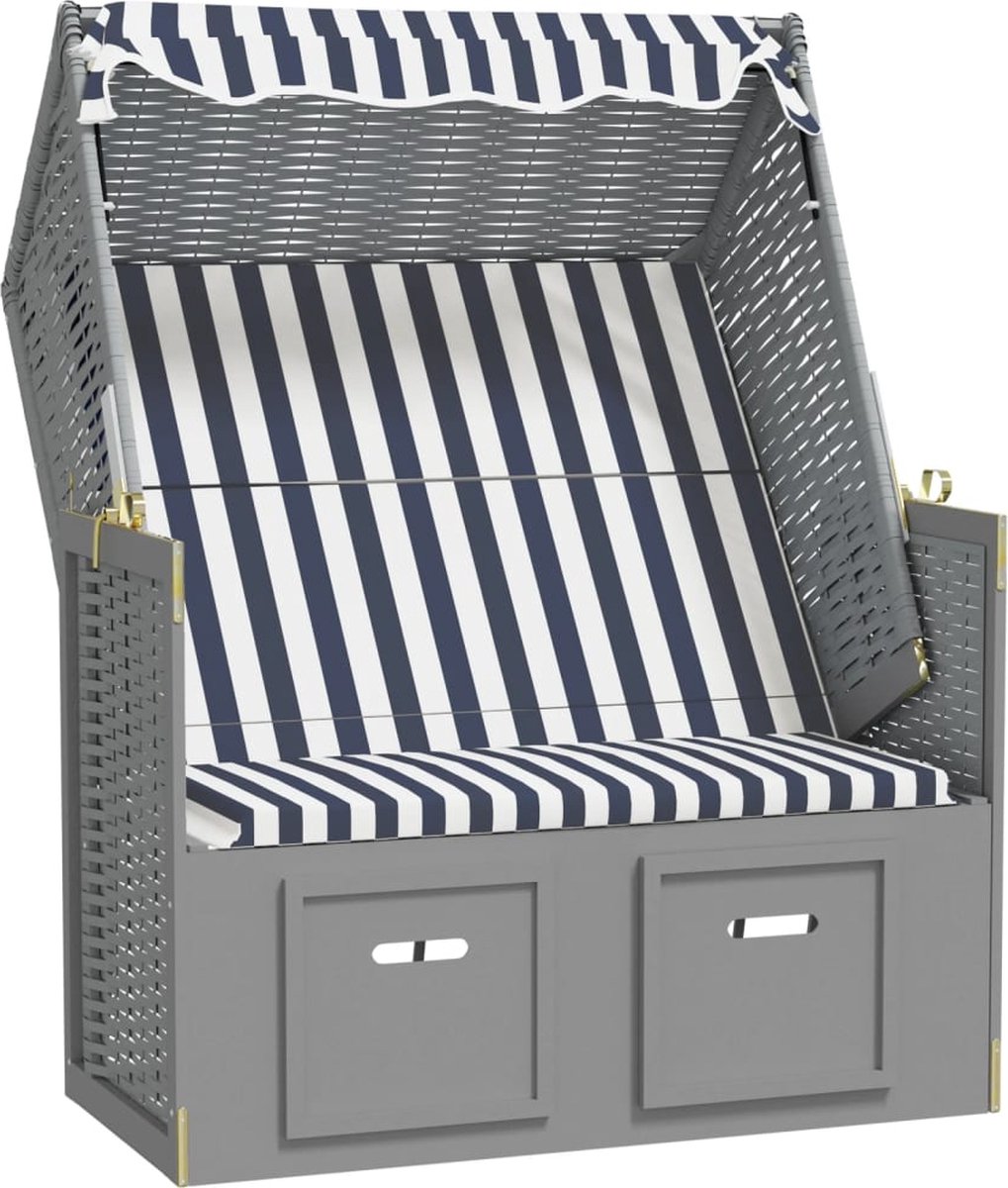 Vidaxl Strandstoel Met Luifel Poly Rattan En Massief Hout En - Blauw