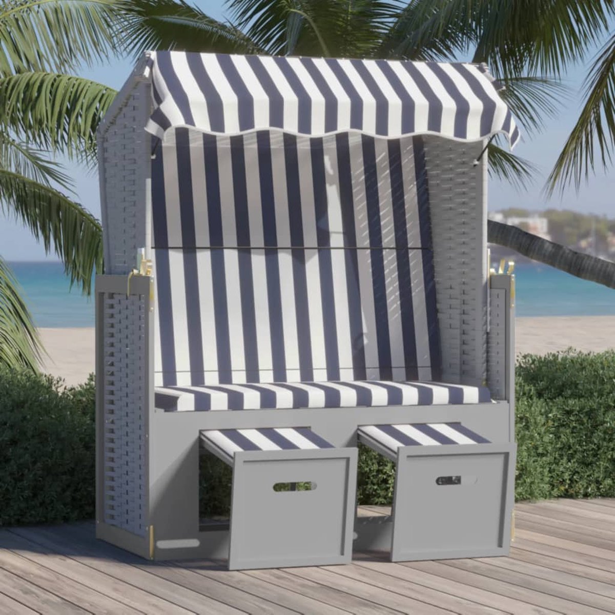 Vidaxl Strandstoel Met Luifel Poly Rattan En Massief Hout En - Blauw