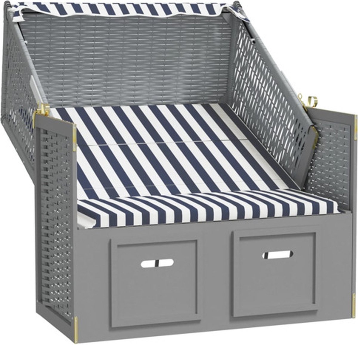 Vidaxl Strandstoel Met Luifel Poly Rattan En Massief Hout En - Blauw