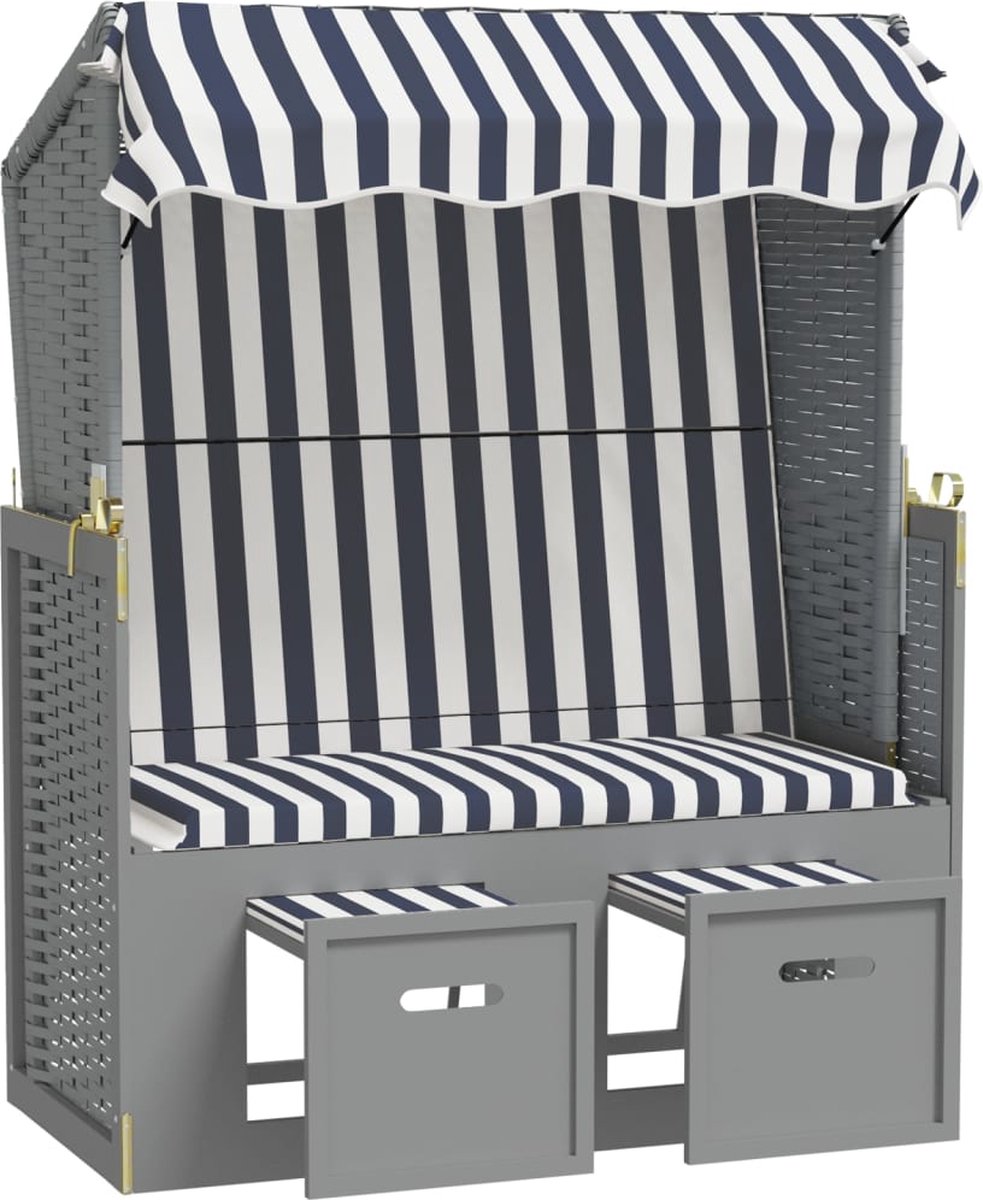 Vidaxl Strandstoel Met Luifel Poly Rattan En Massief Hout En - Blauw