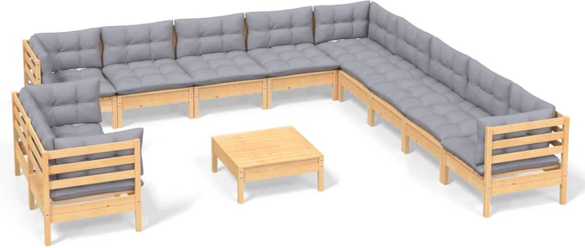 Vidaxl 12-delige Loungeset Met Grijze Kussens Massief Grenenhout - Grijs