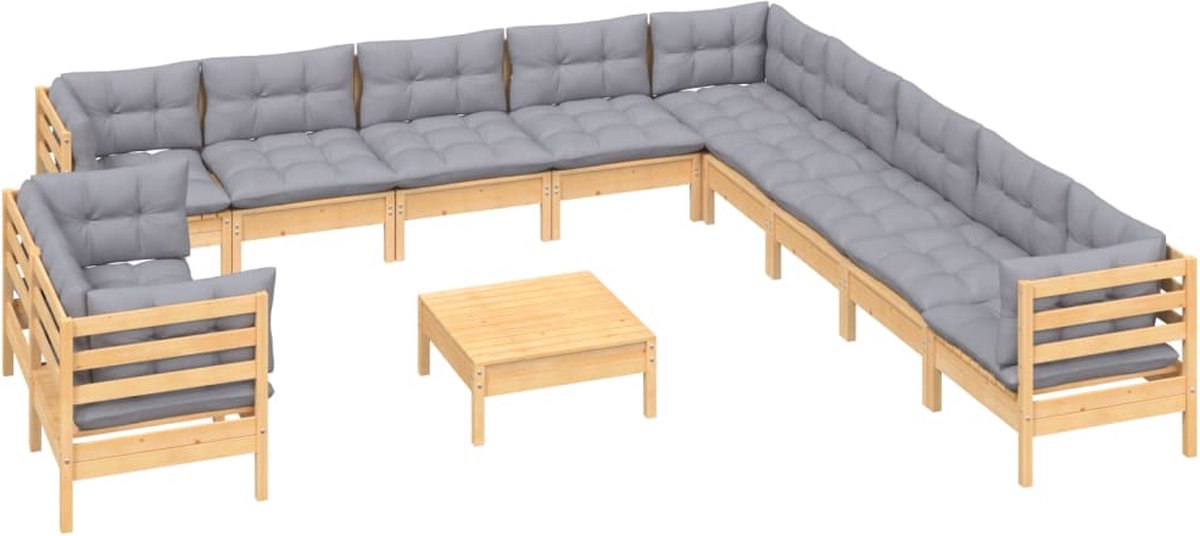 Vidaxl 12-delige Loungeset Met Grijze Kussens Massief Grenenhout - Grijs