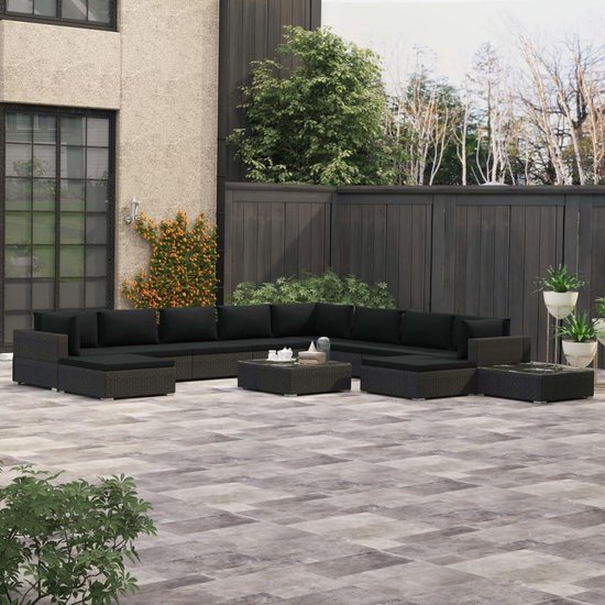 Vidaxl 12-delige Loungeset Met Kussens Poly Rattan - Zwart