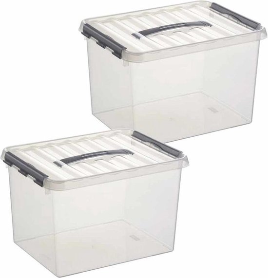 Sunware 2x Q-line Opberg Box/opbergdoos 22 Liter 40 Cm - Opbergbak Kunststof Transparant/zilver 2 Stuks