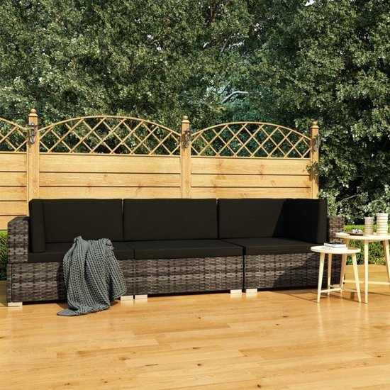 Vidaxl 3-delige Loungeset Met Kussens Poly Rattan - Grijs
