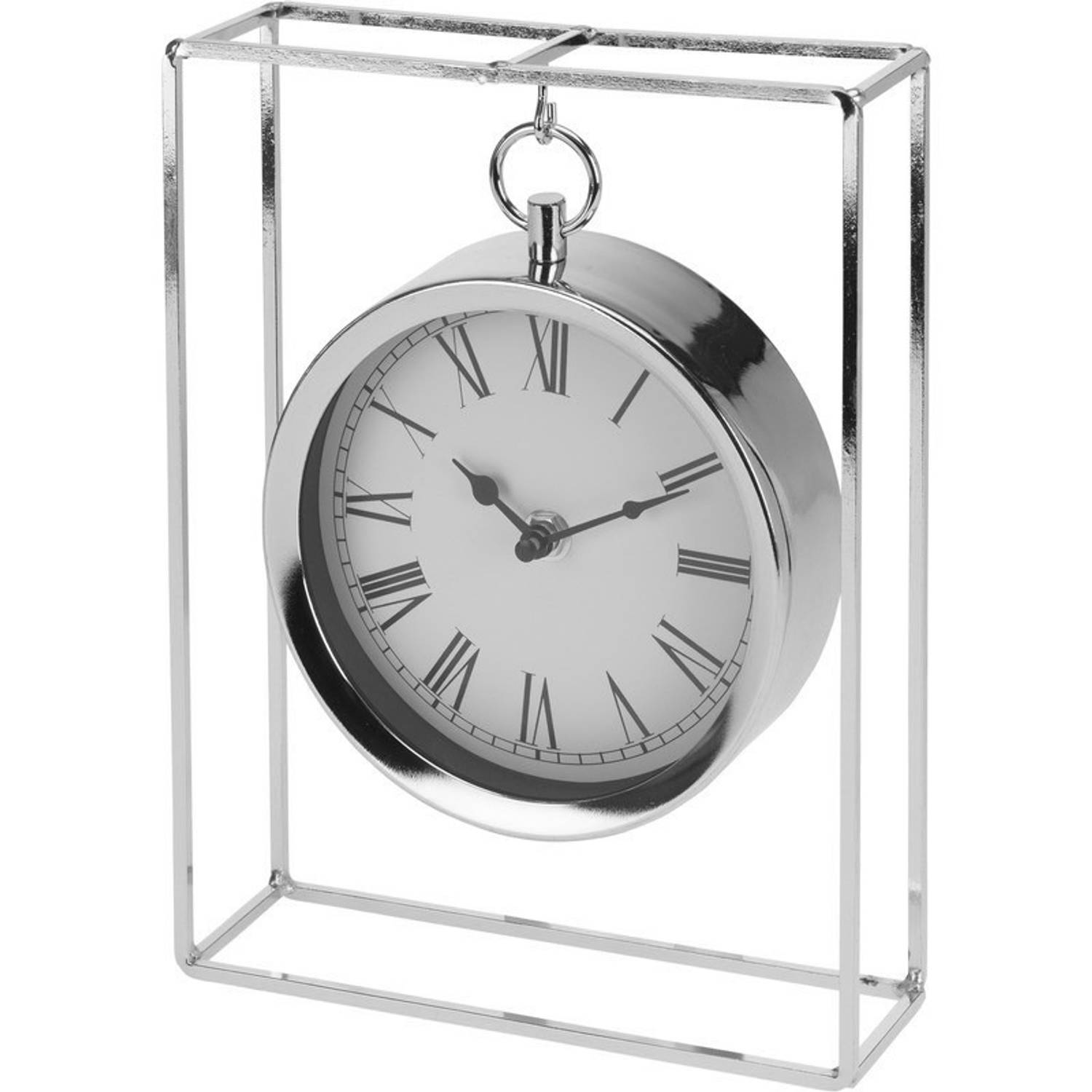 Bellatio Design Zilveren Hangende Tafelklok 26 Cm In Metalen Frame - Tafelklokken - Silver