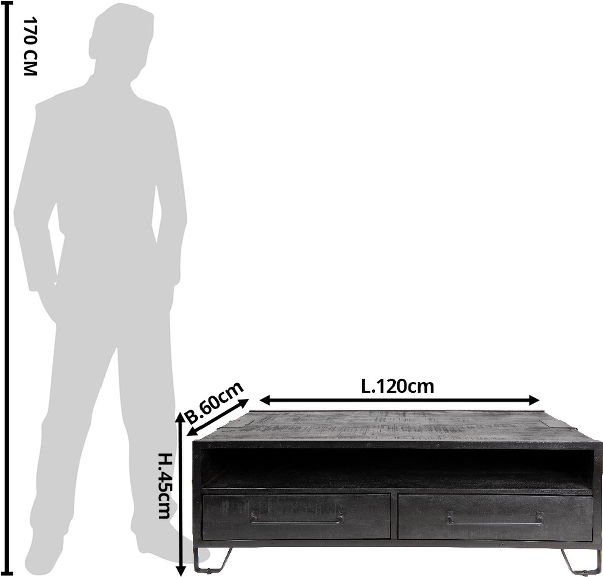 Clayre & Eef Salontafel 120*60*45 Cm Hout Rechthoek Bijzettafel Salon Tafel Koffietafel Bijzettafel Salon - Zwart