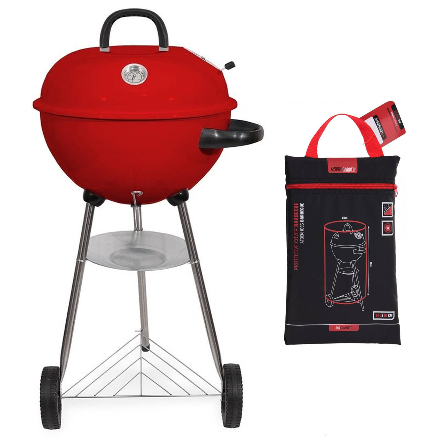 BBQ Houtskoolbarbecue Op Wielen - 47x76 Cm - Rvs - Incl. Beschermhoes - Rood