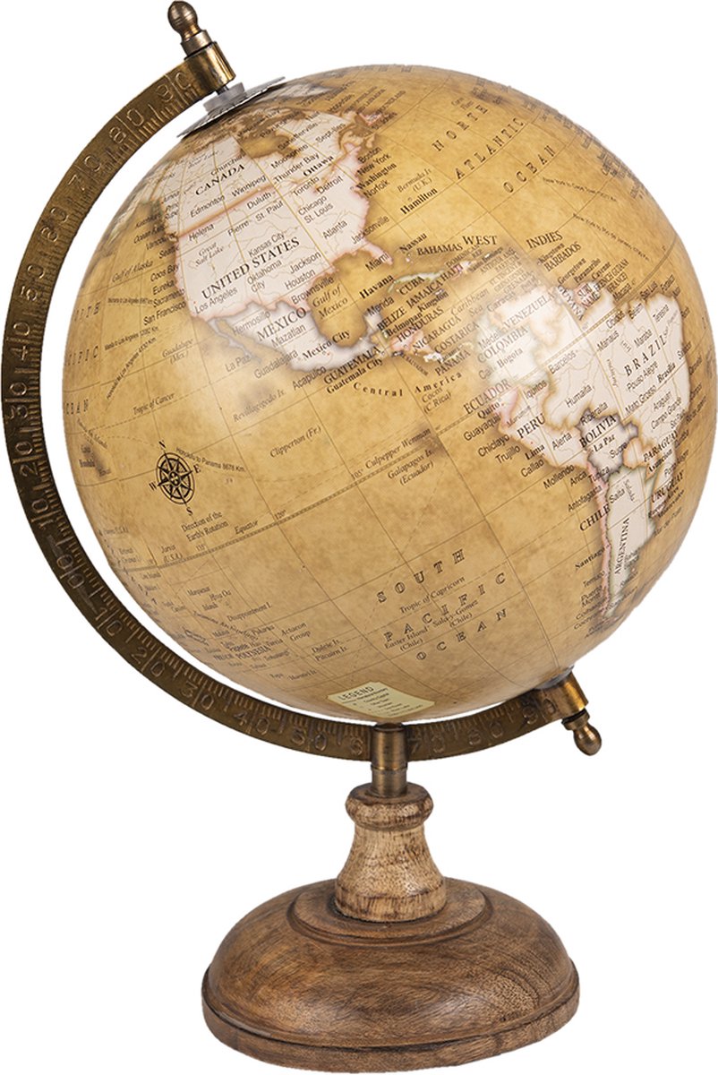 Clayre & Eef Wereldbol Decoratie 22*22*37 Cm Bruin Hout Ijzer Rond Globe Aardbol Globe Aardbol - Geel