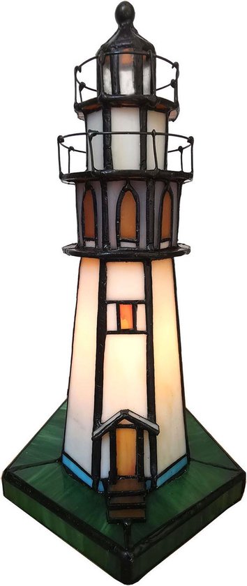 Clayre & Eef Lumilamp Tafellamp Tiffany Vuurtoren 11*11*25 Cm E14/max 1*25w Meerkleurig Polyresin / Glas Vuurtoren 5ll-6006 - Bruin