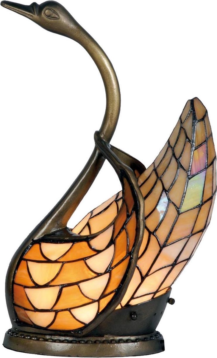 Clayre & Eef Lumilamp Tafellamp Tiffany Zwaan 30*20*45 Cm E14/max 1*40w Meerkleurig Metaal / Glas Zwaan 5ll-9883 - Beige