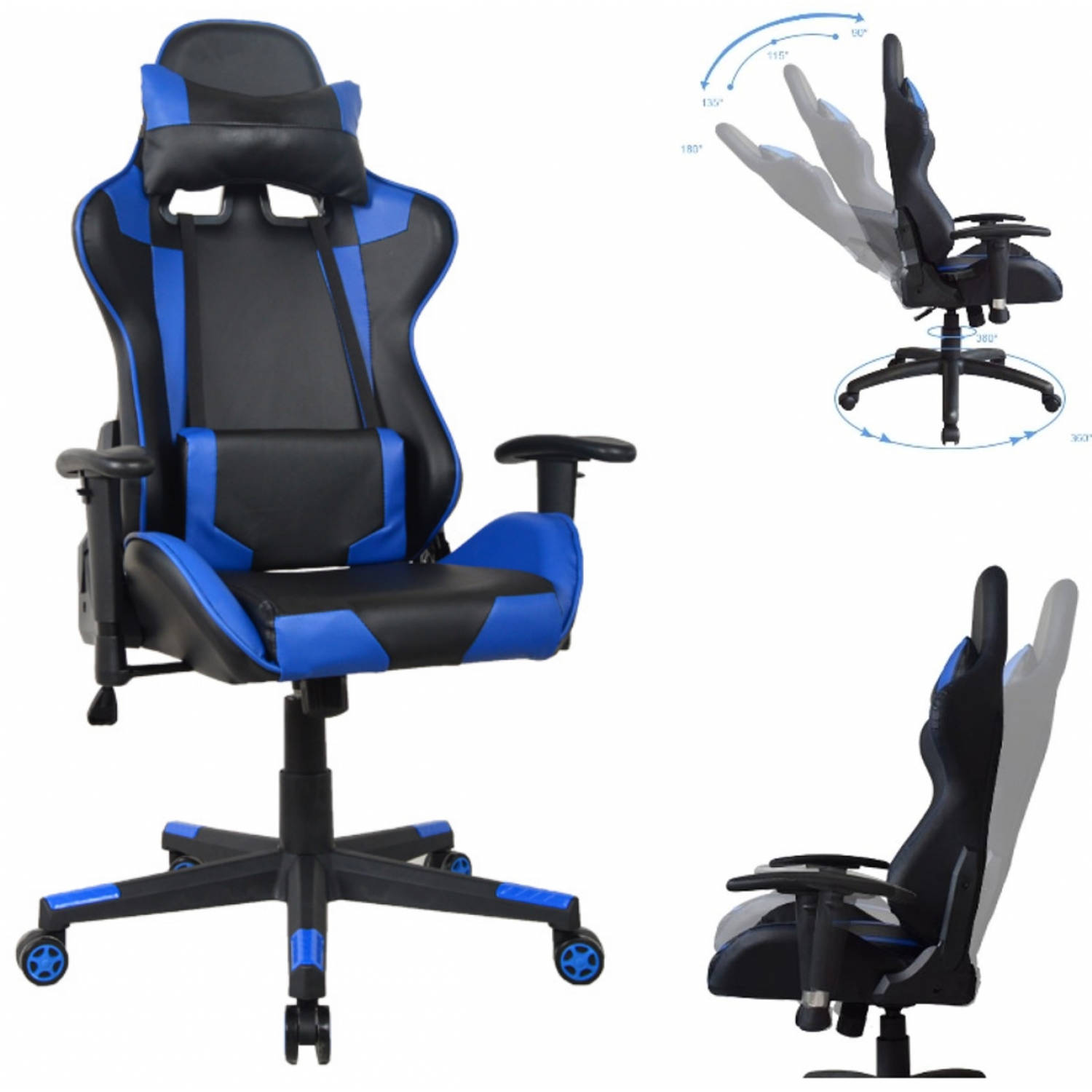 Bureaustoel Racing Gaming Chair Style Uitvoering High Design Thomas Blauw - Zwart