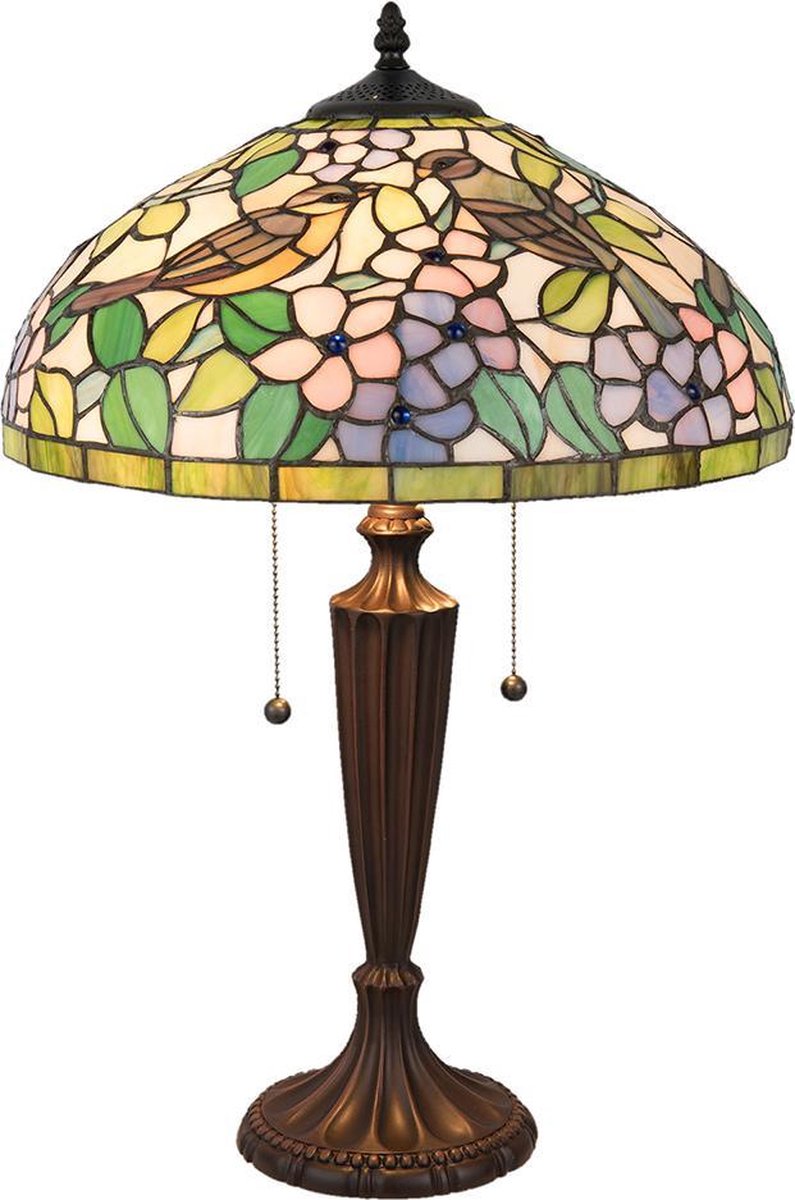 Clayre & Eef Lumilamp Tafellamp Tiffany Ø 41*60 Cm E27/max 2*60w Meerkleurig Polyresin / Glas Vogel 5ll-5209 - Geel