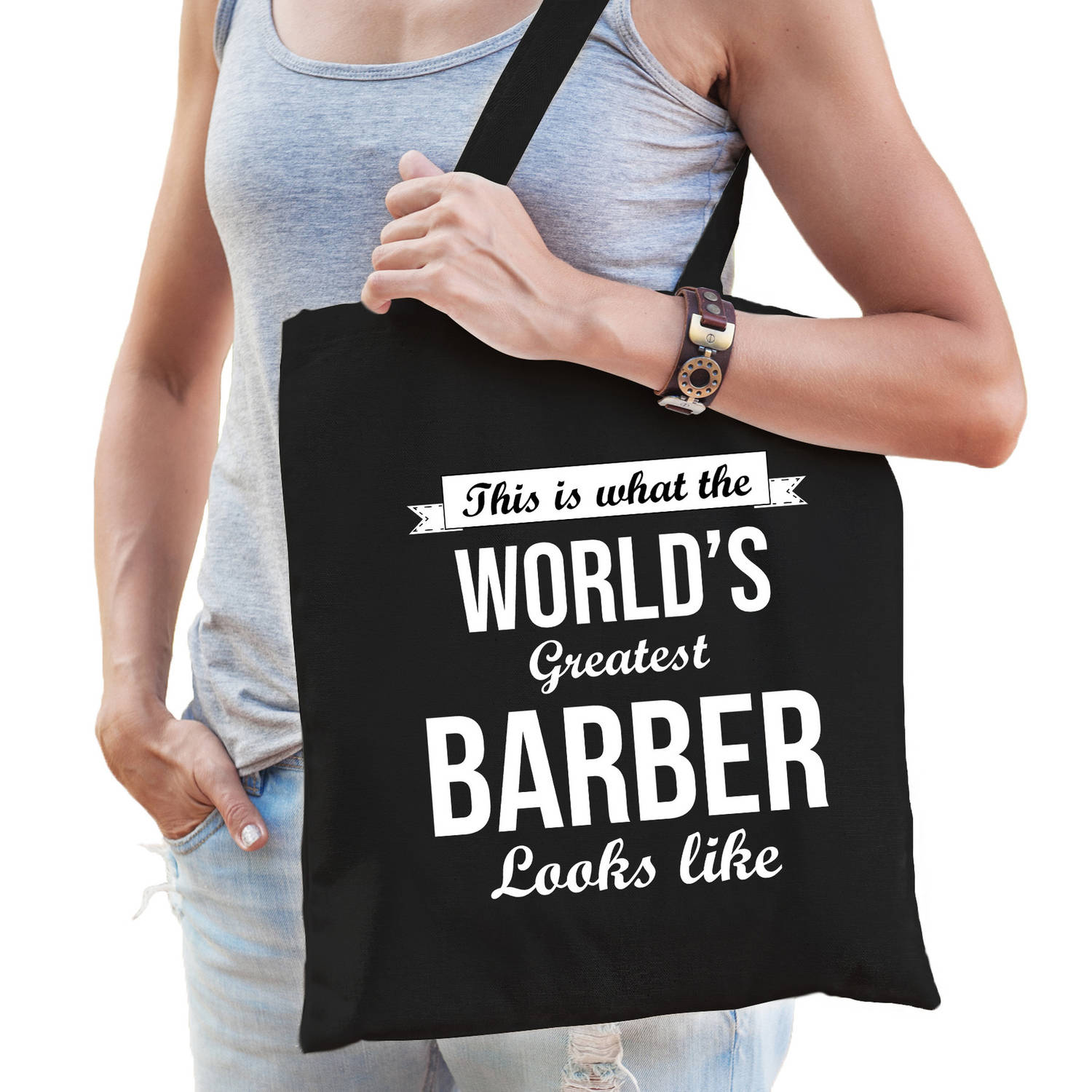 Bellatio Decorations Worlds Greatest Barber Tas Volwassenen - Werelds Beste Kapper Cadeau Tas - Feest Boodschappentassen - Zwart