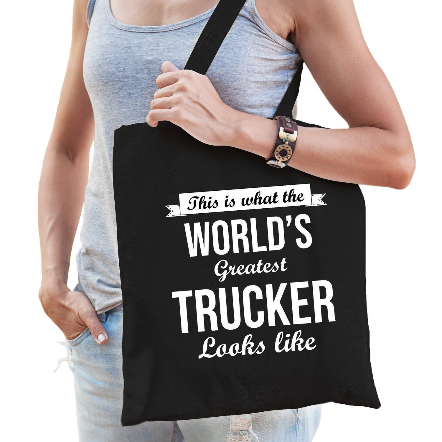 Bellatio Decorations Worlds Greatest Trucker Tas Volwassenen - Werelds Beste Vrachtwagenchauffeur Cadeau Tas - Feest Boodschappentassen - Zwart