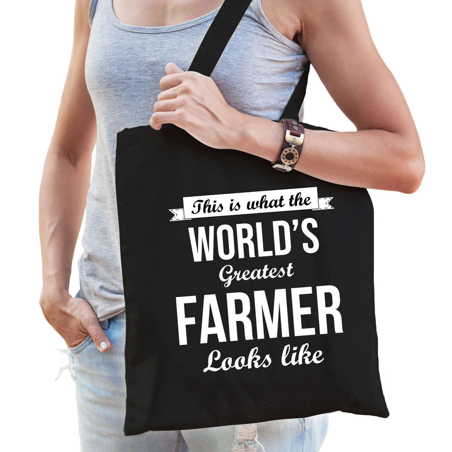 Bellatio Decorations Worlds Greatest Farmer Tas Volwassenen - Werelds Beste Boer Cadeau Tas - Feest Boodschappentassen - Zwart