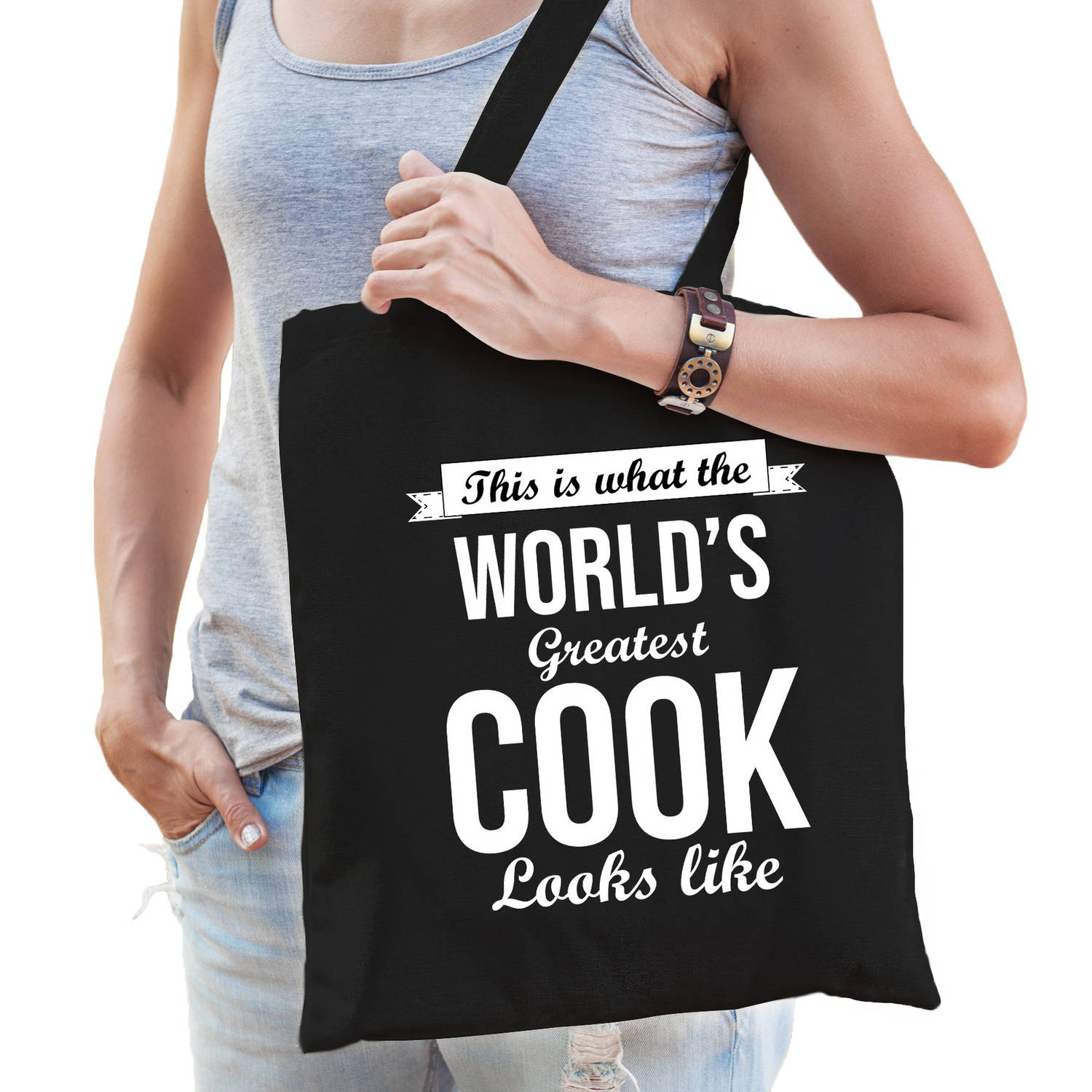 Bellatio Decorations Worlds Greatest Cook Tas Volwassenen - Werelds Beste Kok Cadeau Tas - Feest Boodschappentassen - Zwart