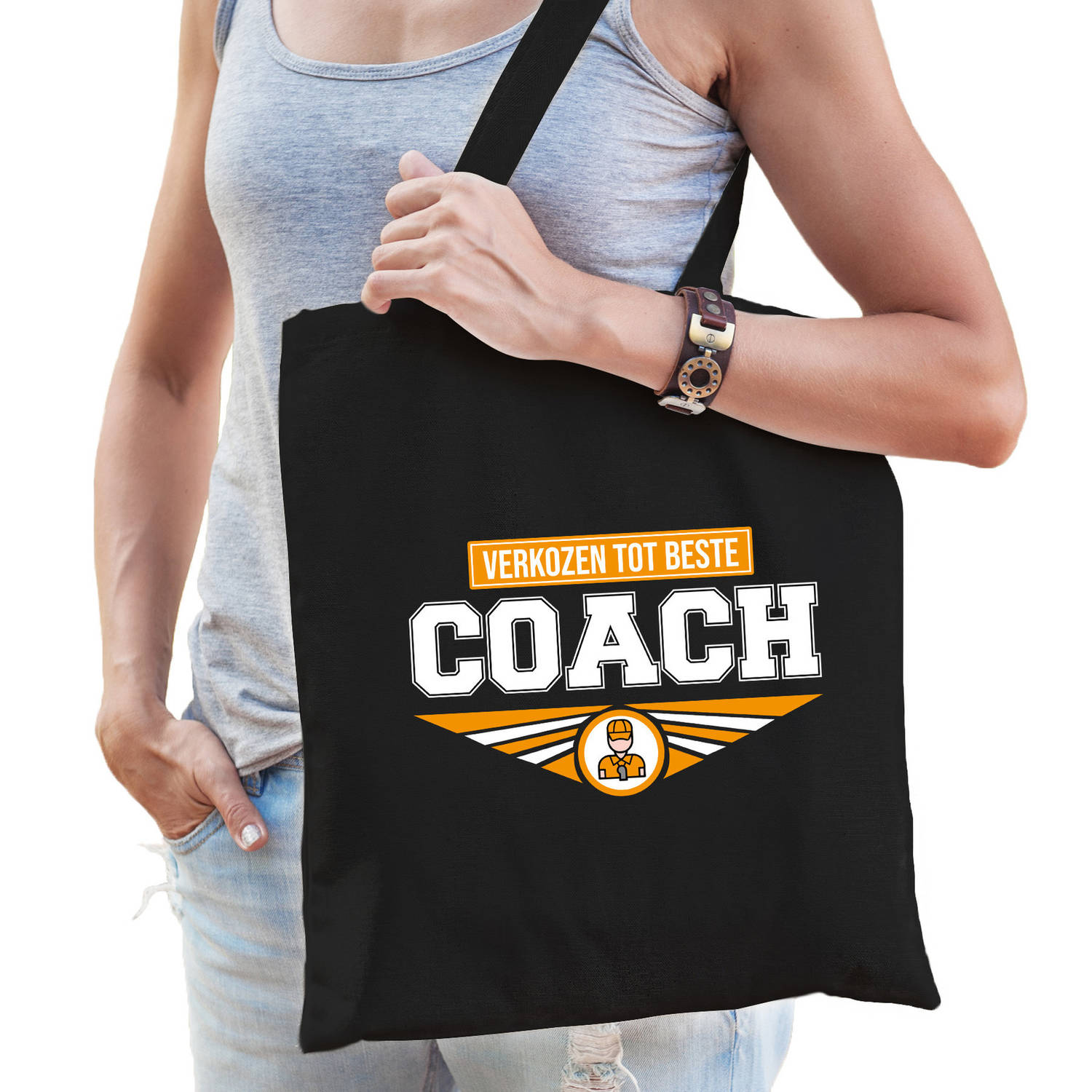 Bellatio Decorations Verkozen Tot Beste Coach Katoenen Tas Voor Dames - Cadeau Tasjes - Feest Boodschappentassen - Zwart