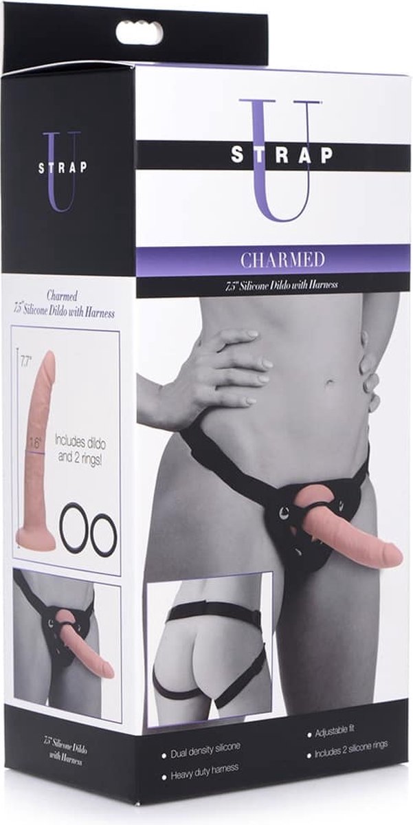 Strap U Realistische Dildo Met Harnas - 19.5 cm. - Zwart