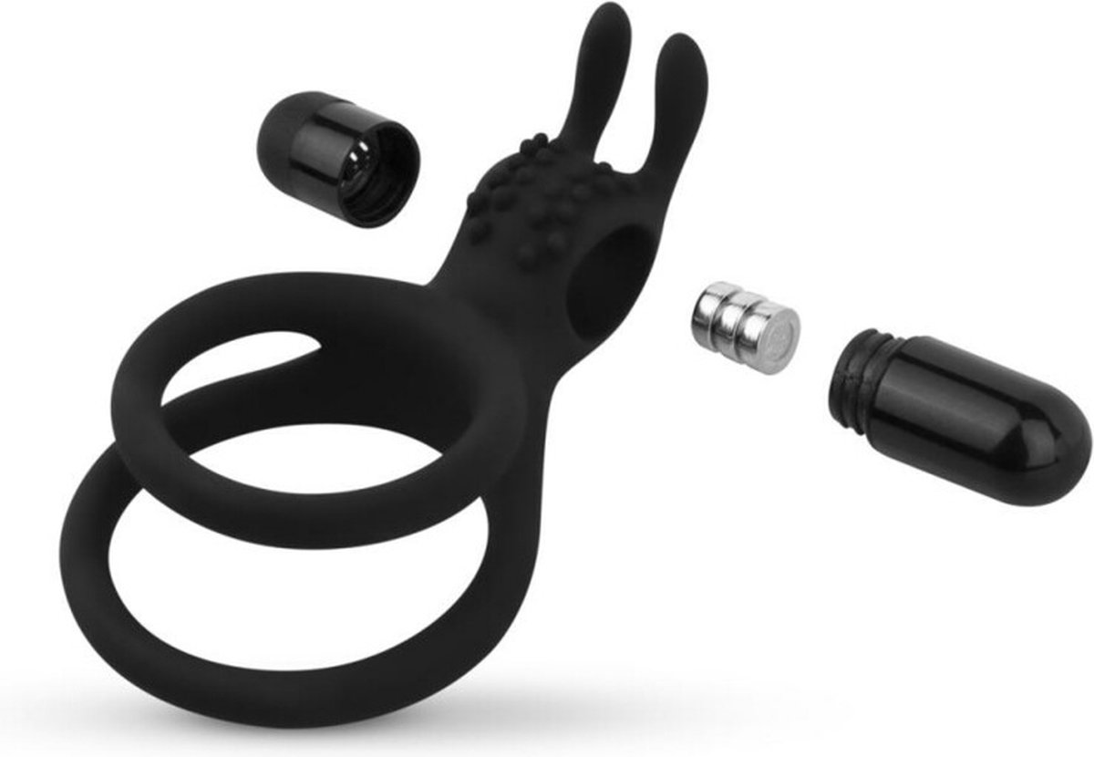 Share Ring - Dubbele Vibrerende Cockring Met Rabbit Oortjes - Zwart