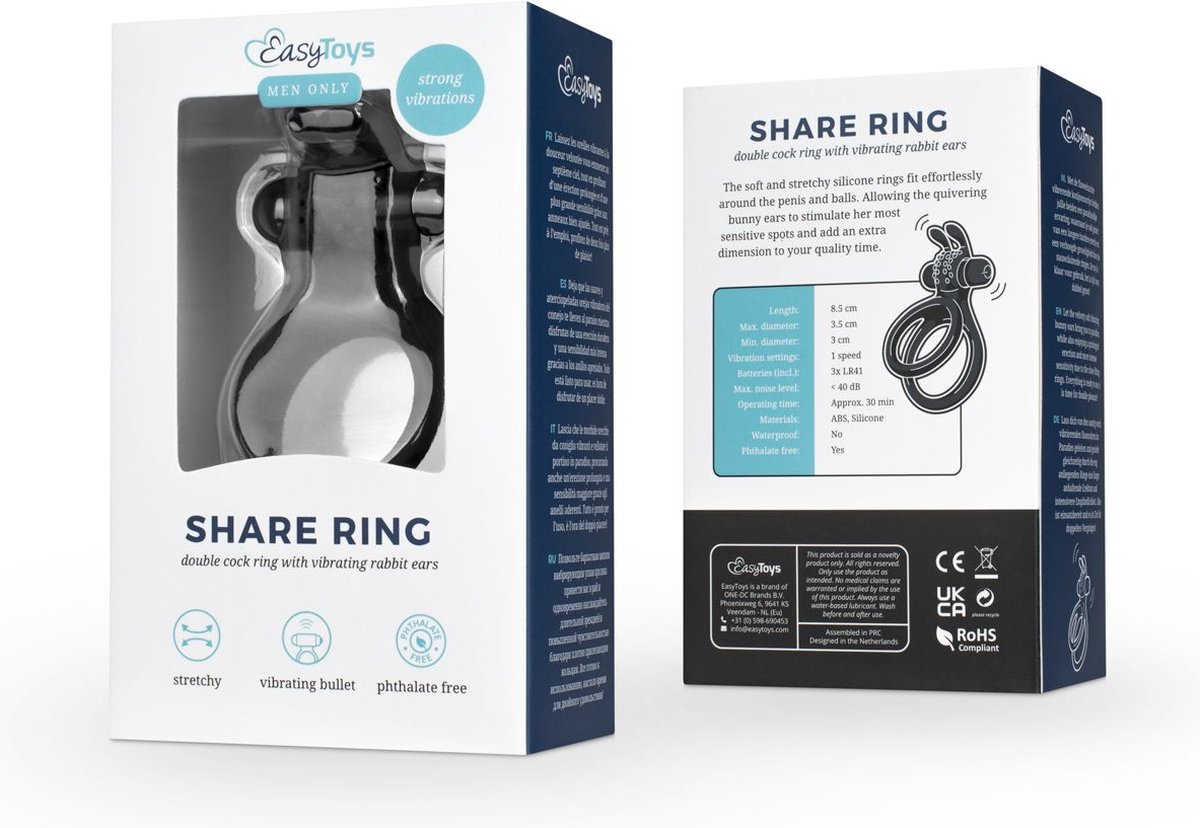 Share Ring - Dubbele Vibrerende Cockring Met Rabbit Oortjes - Zwart