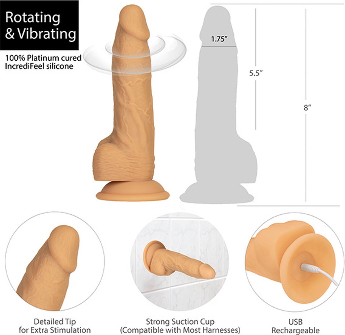 Naked Addiction Roterende & Vibrerende Dildo - 20 cm - Bruin