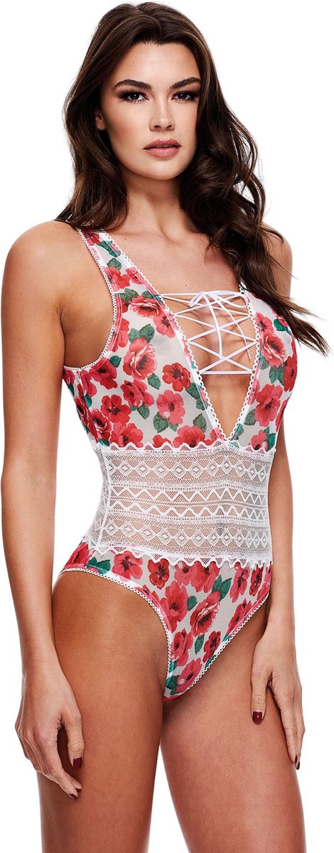 Baci - White Floral & Lace Body Met Sexy Rijgveter