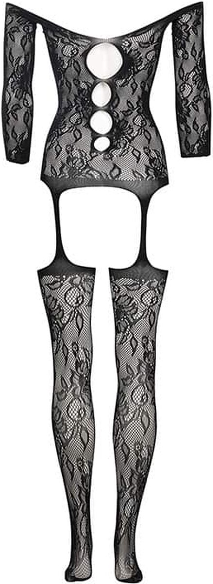 Catsuit met kant patroon - Zwart