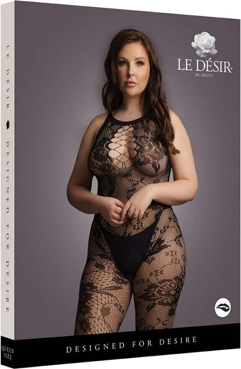 Le Desir Curvy Catsuit in kant optiek - Zwart