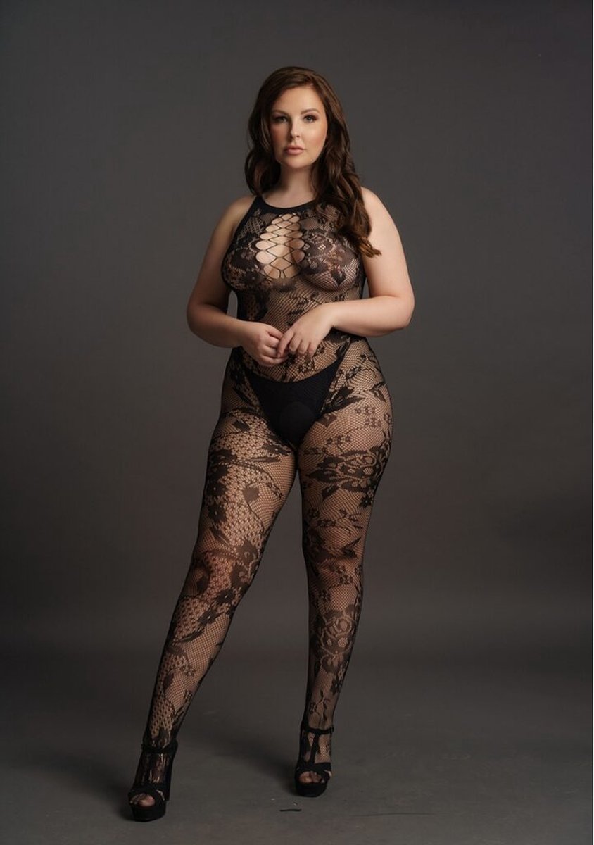 Le Desir Curvy Catsuit in kant optiek - Zwart