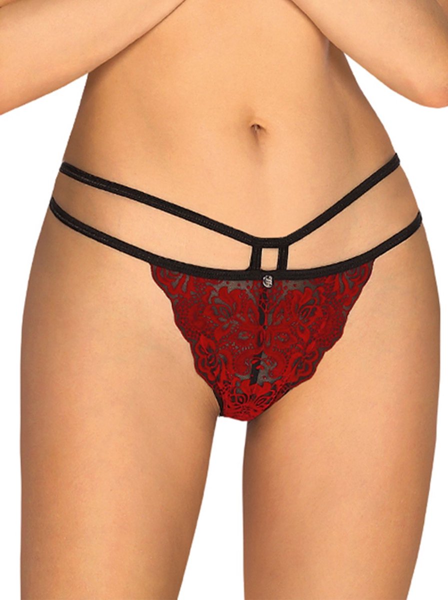 Obsessive Sugestina Sexy Kanten Slip - Zwart/ - Rood