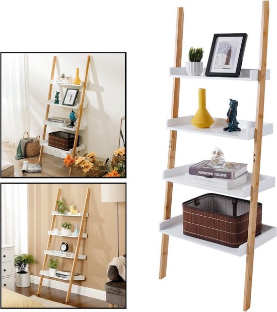 Decopatent Ladderrek Van Bamboe Hout - Houten Decoratie Ladder - Open Ladderkast