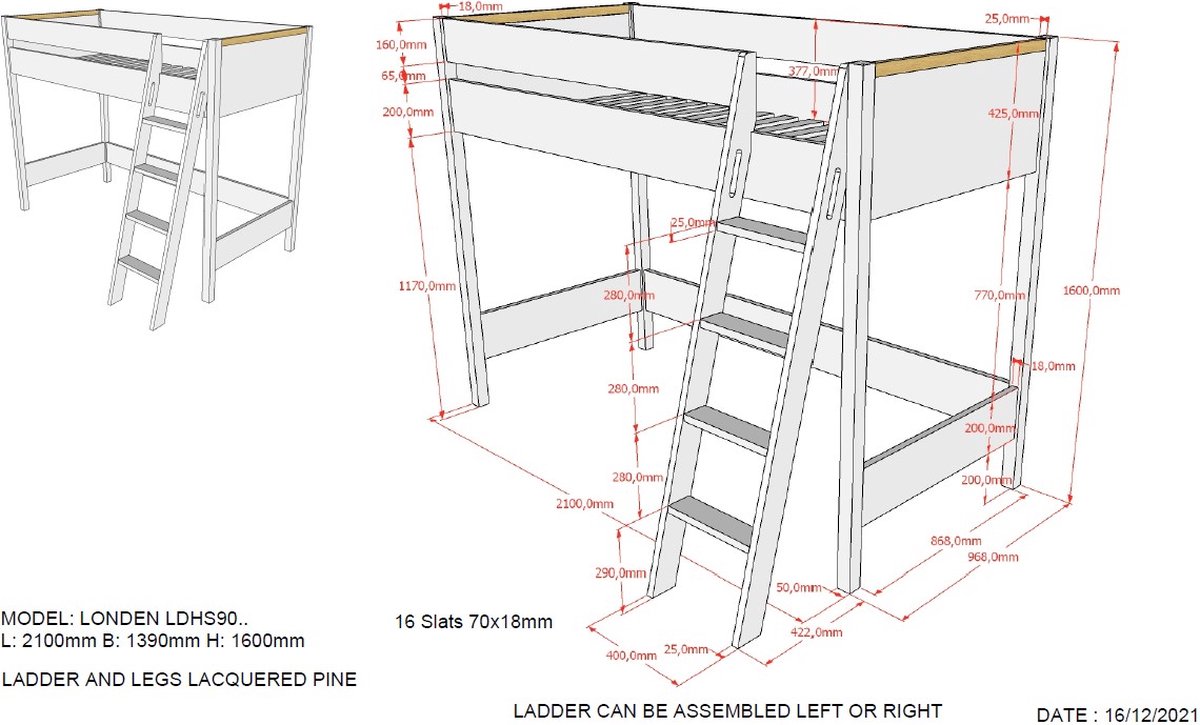 Vipack Hoogslaper Londen - 90 x 200 cm - antraciet
