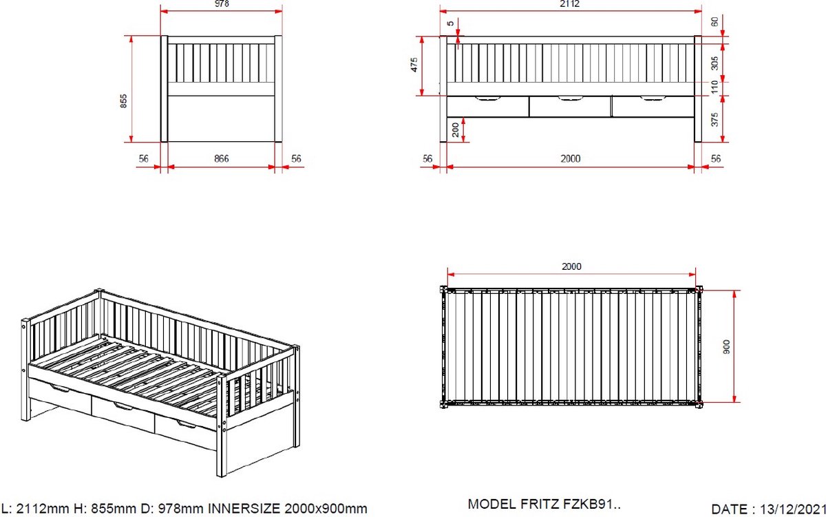 Vipack Kajuitbed Fritz Met Laden - 90 x 200 cm - - Wit