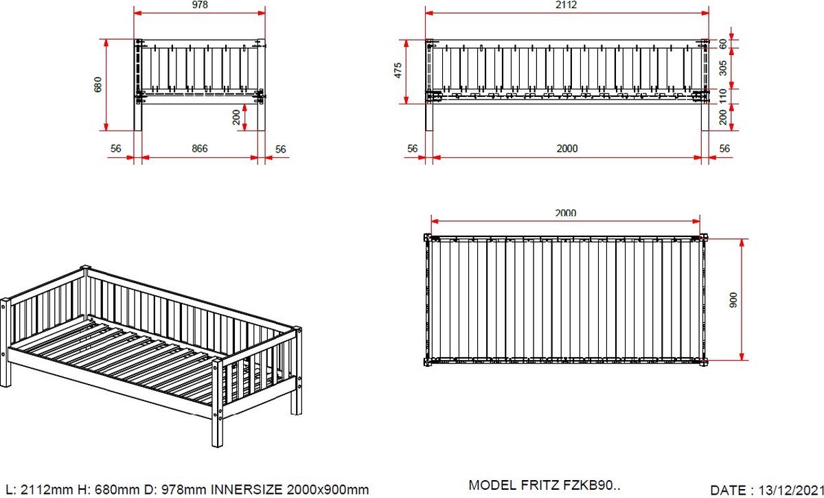 Vipack Kajuitbed Fritz - 90 x 200 cm - - Wit