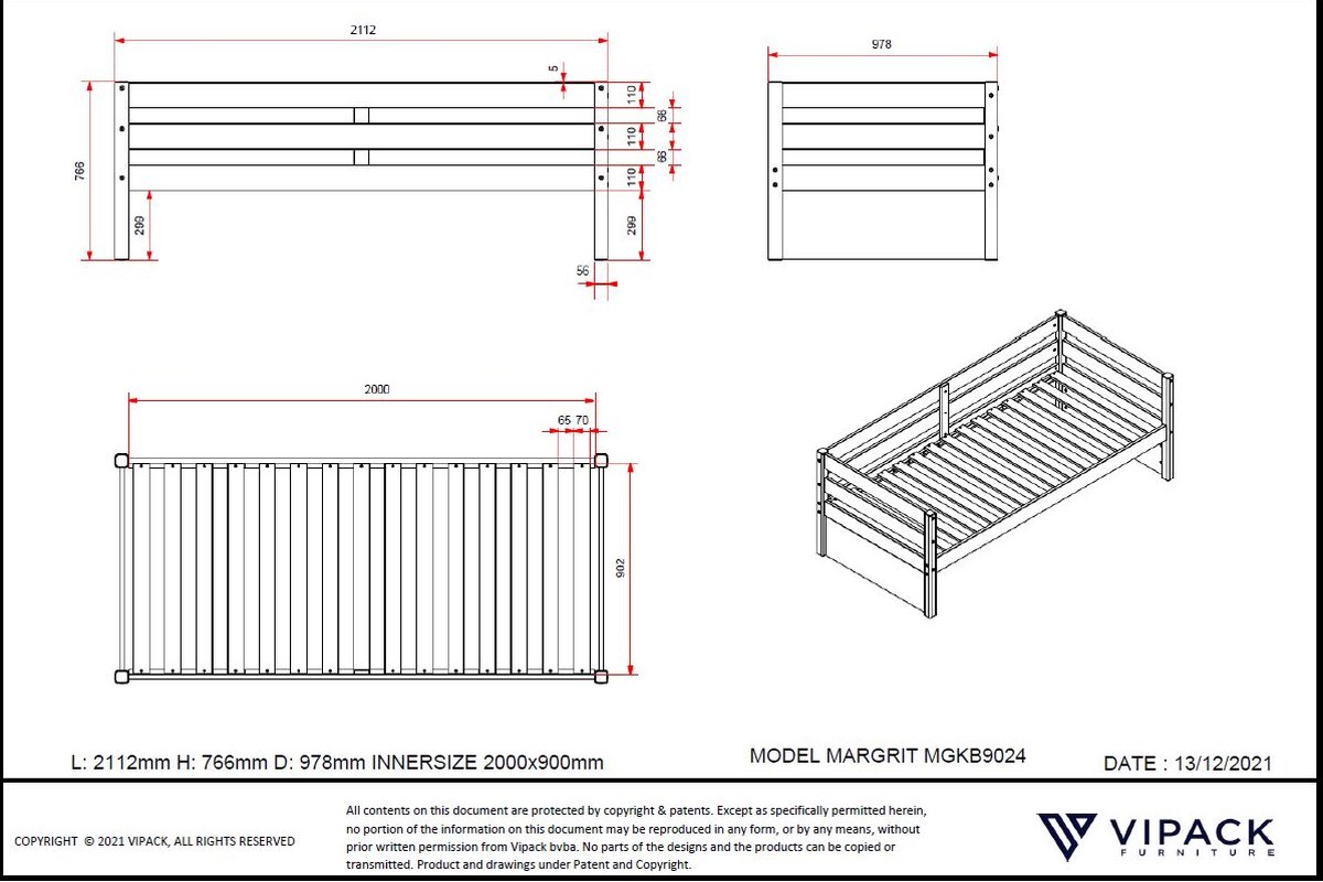 Vipack Kajuitbed Margrit 90 - 90 x 200 cm - - Bruin