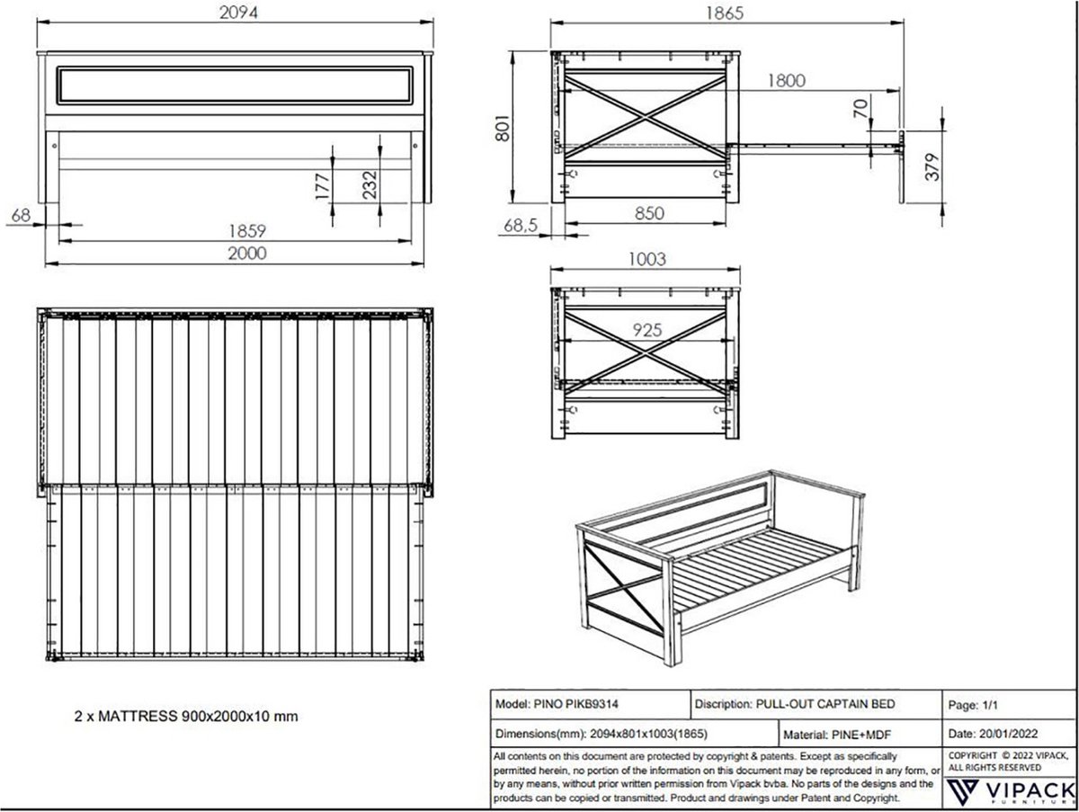 Vipack Kajuitbed Uitschuifbaar Pino - 90 x 200 cm - - Wit