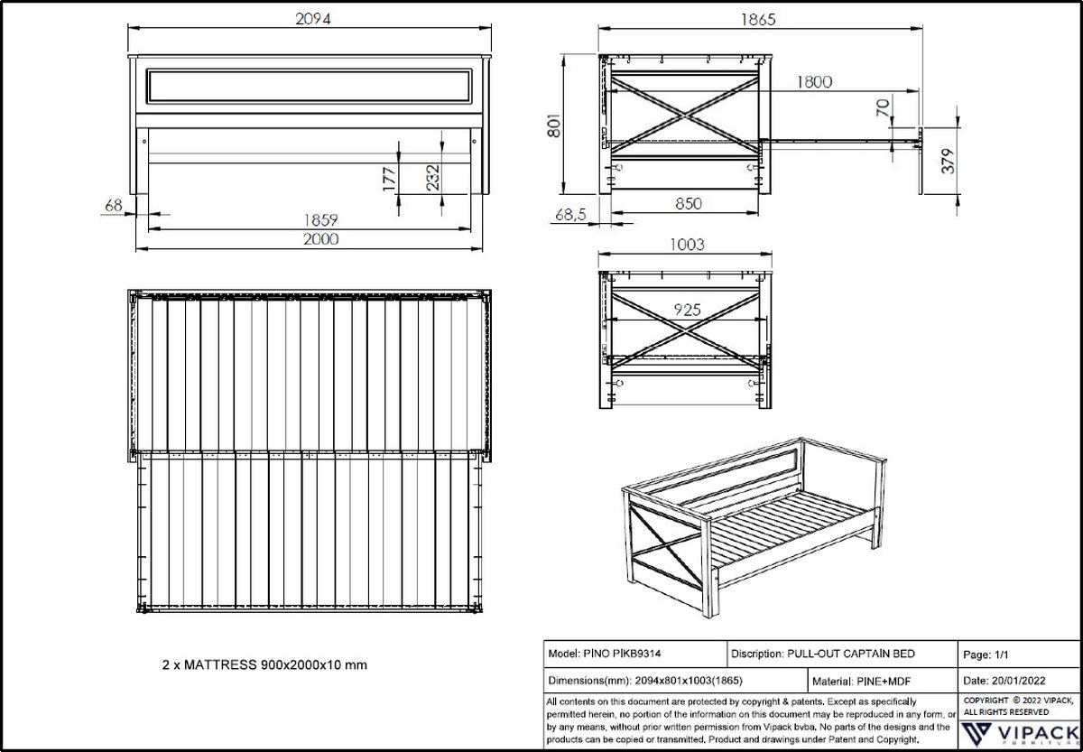 Vipack Kajuitbed Uitschuifbaar Pino - 90 x 200 cm - - Wit