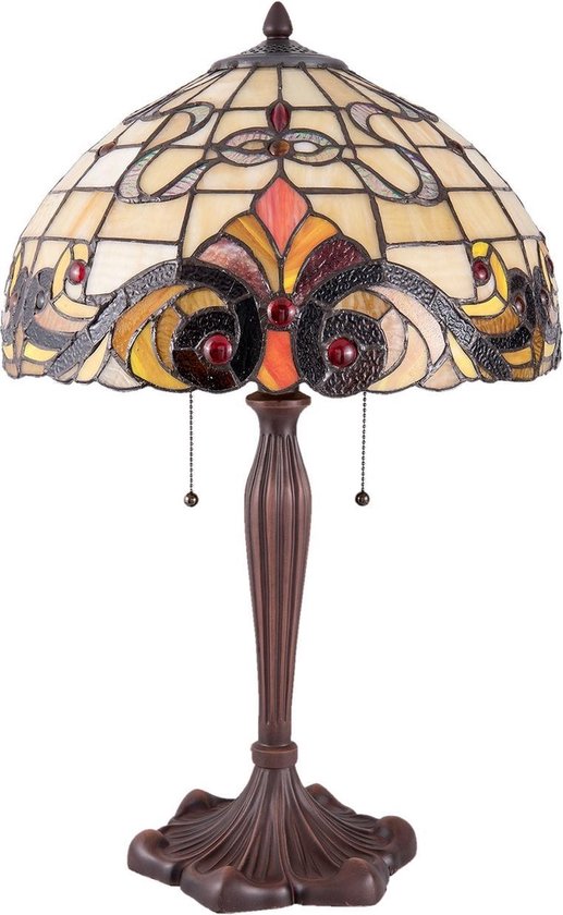 Clayre & Eef Tafellamp Tiffany Ø 40*61 Cm E27/max 2*60w Meerkleurig Glas In Lood Lumilamp 5ll-5925 - Beige