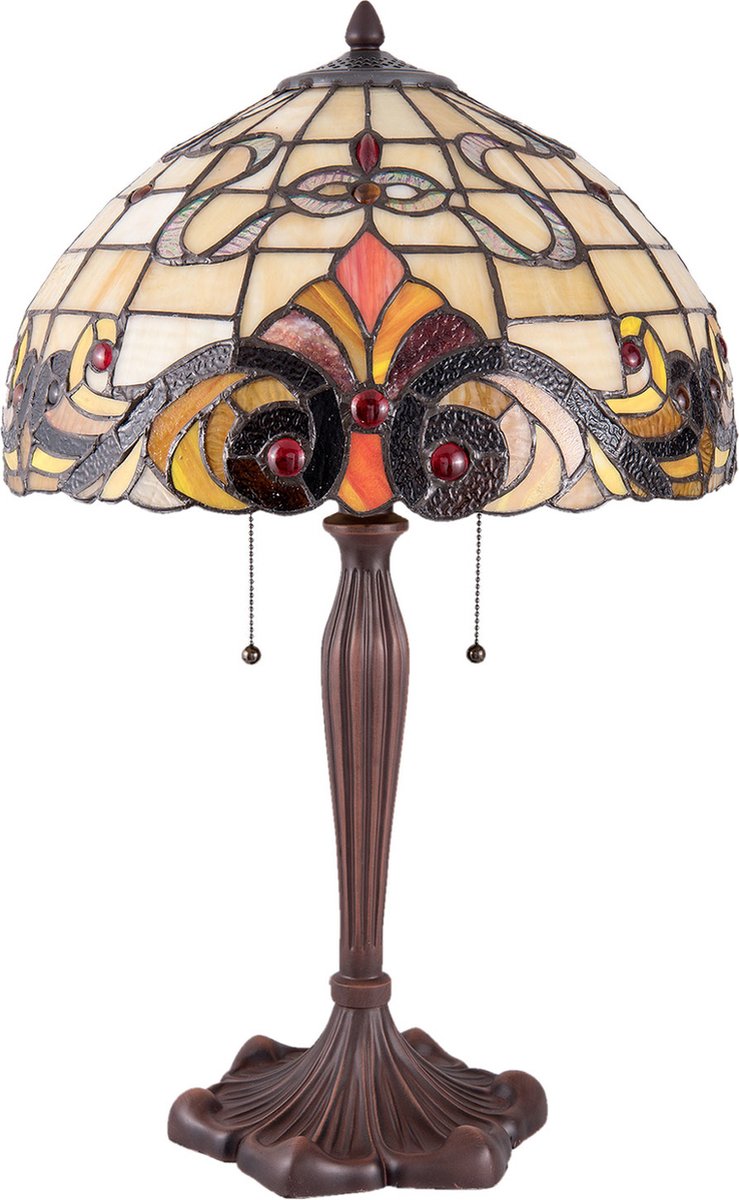 Clayre & Eef Tafellamp Tiffany Ø 40*61 Cm E27/max 2*60w Meerkleurig Glas In Lood Lumilamp 5ll-5925 - Beige