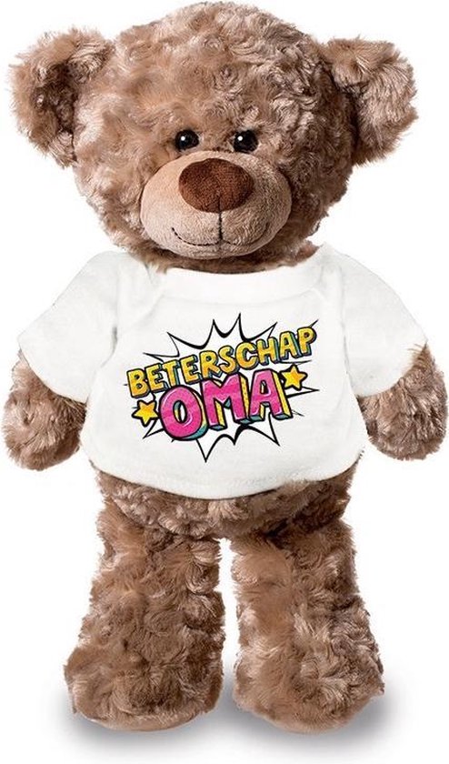 Bellatio Decorations Beterschap Oma Pluche Teddybeer Knuffel 24 Cm Met Pop Art T-shirt - Beterschap Oma / Cadeau Knuffelbeer - Wit