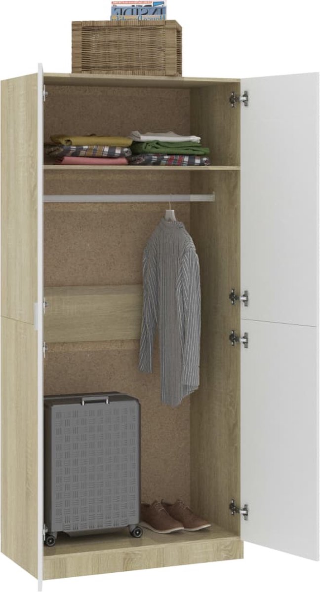 Vidaxl Kledingkast 90x52x200 Cm Spaanplaat En Sonoma Eikenkleurig - Wit