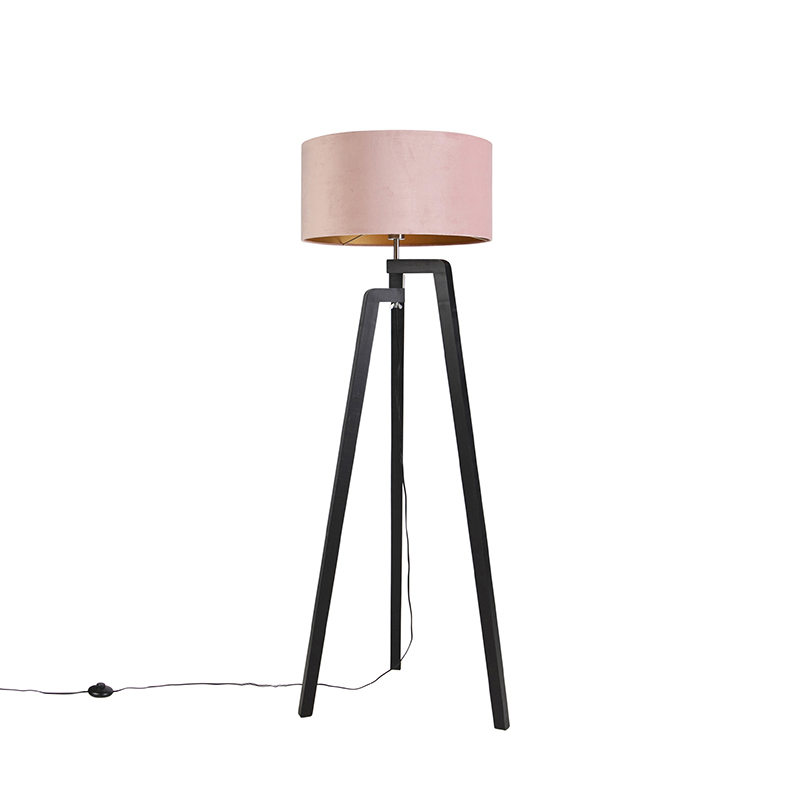 QAZQA Vloerlamp tripod zwart met kap en goud 50 cm - Puros - Roze