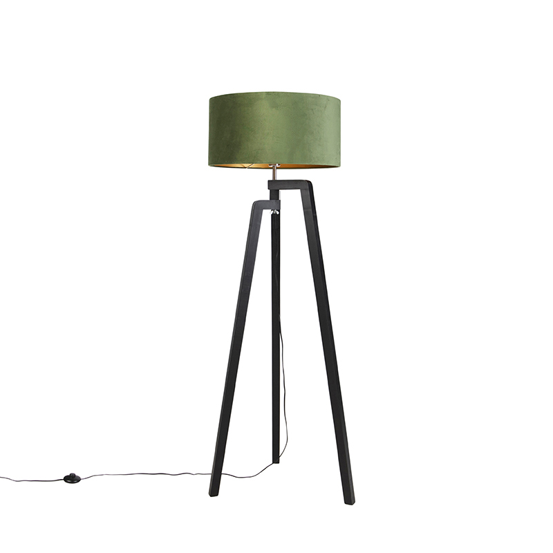 QAZQA Vloerlamp tripod zwart mete kap en goud 50 cm - Puros - Groen