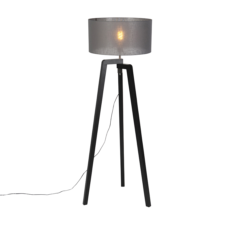 QAZQA Vloerlamp tripod hout met grijze kap 50 cm - Puros - Zwart