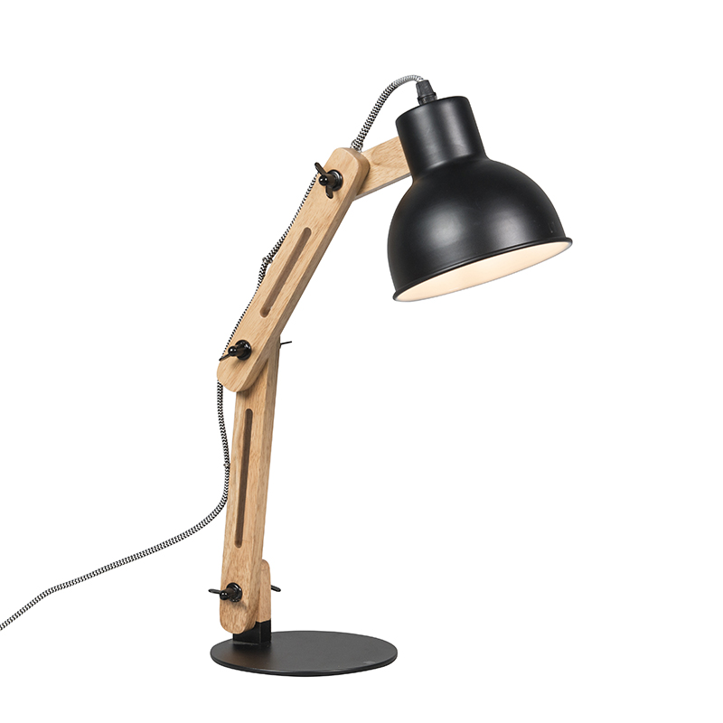 QAZQA Industriële tafellamp met hout - Woodi - Zwart