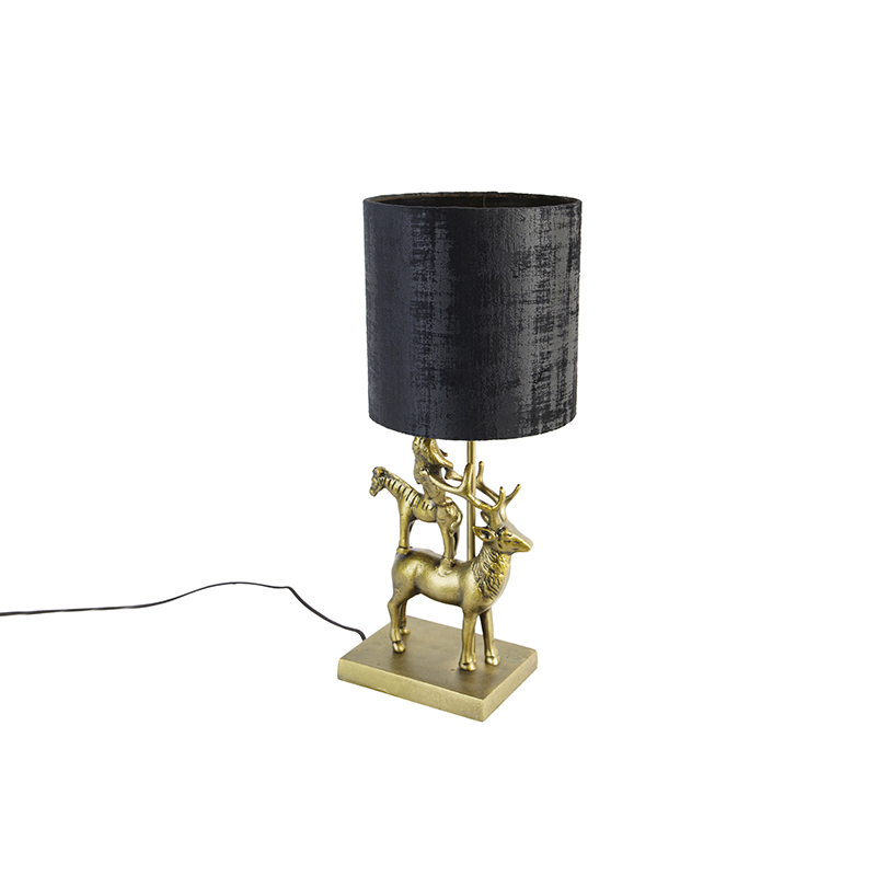 QAZQA Vintage tafellamp messing met kap 20 cm - Animal Hjort Tre - Zwart