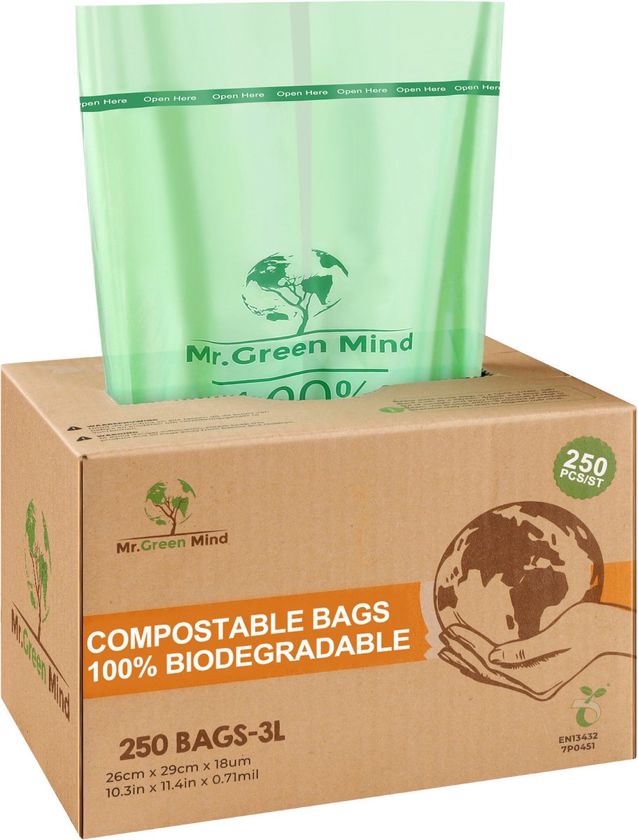 Biozakken 2/3 Liter 250 Stuks Biologisch Afbreekbare Afvalzakken - 26 X 29 Cm - 100% Composteerbare Vuilniszakken - Groen