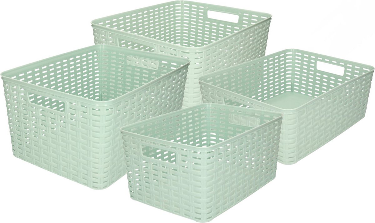 Forte Plastics Set Van 4x Stuks Opbergboxen/opbergmandjes Rotan Mint Kunststof - Opbergbox - Groen